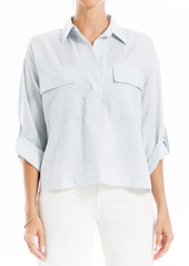 MAX STUDIO Grid Print Roll Sleeve Popover Shirt in Blue Chambray Checkered at Nordstrom Rack
