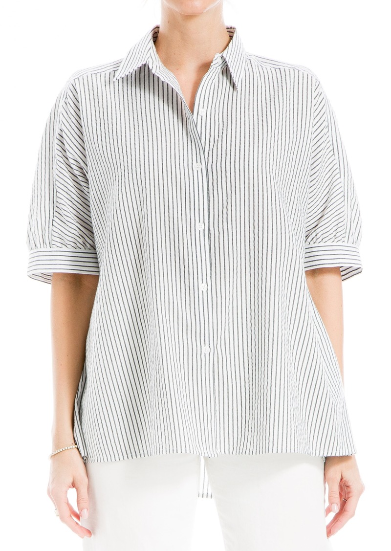 MAX STUDIO High-Low Oversize Button-Up Shirt in White/Black Stripe at Nordstrom Rack