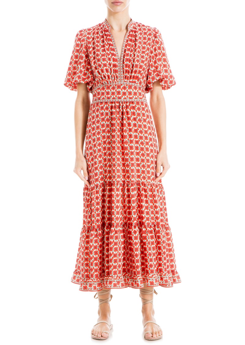 MAX STUDIO Paisley Puff Sleeve Tiered Maxi Dress in Red Poppy Seed at Nordstrom Rack