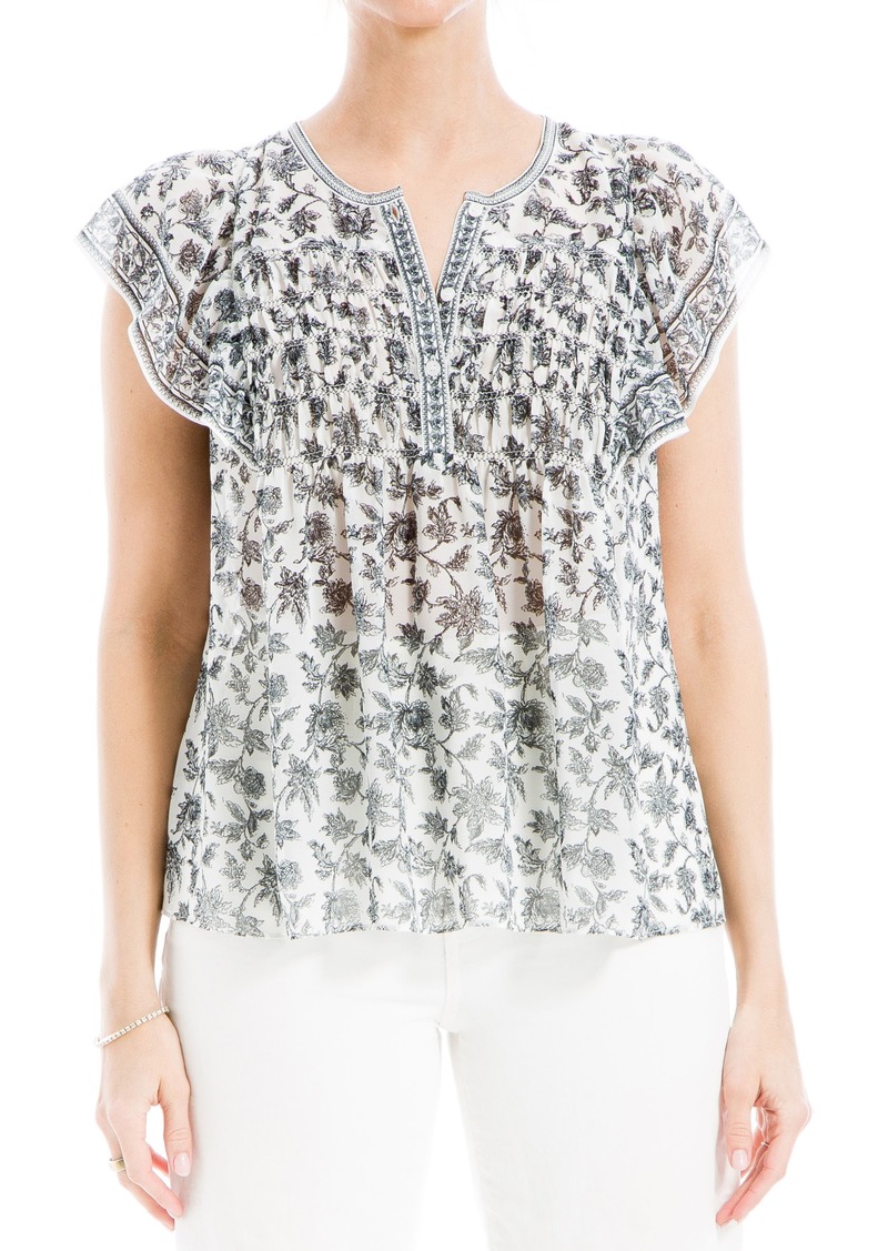 MAX STUDIO Ruched Cap Sleeve Top in Ivory/Black Md Chintzy Rmblr at Nordstrom Rack