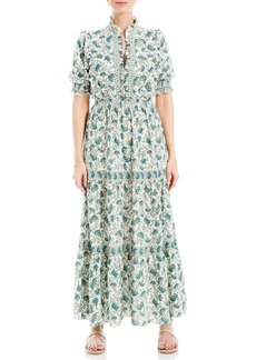 MAX STUDIO Ruffle Collar Print Tiered Maxi Dress in Cream/Teal Small Blooms at Nordstrom Rack