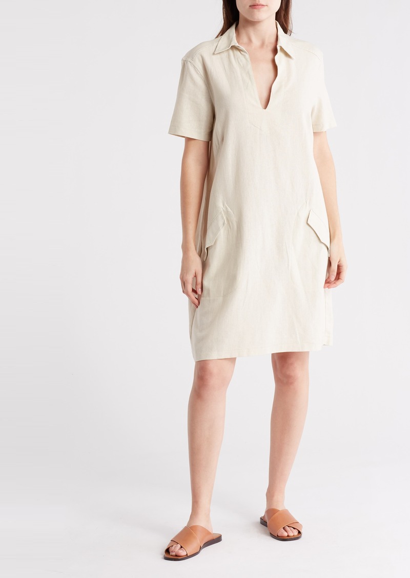 MAX STUDIO Short Sleeve Linen Blend Shift Dress in Natural at Nordstrom Rack