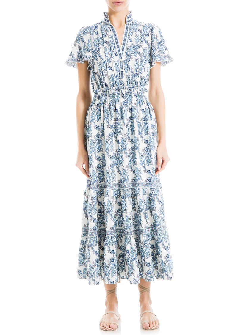 MAX STUDIO Tiered Flutter Sleeve Maxi Dress in Cream/Blue Print at Nordstrom Rack