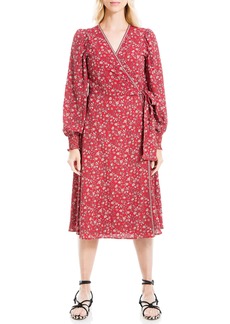 Max Studio Women's Crepe Long Sleeve Smocked Cuff Wrap Midi Dress Berry/Blush  Quilted Line Floral