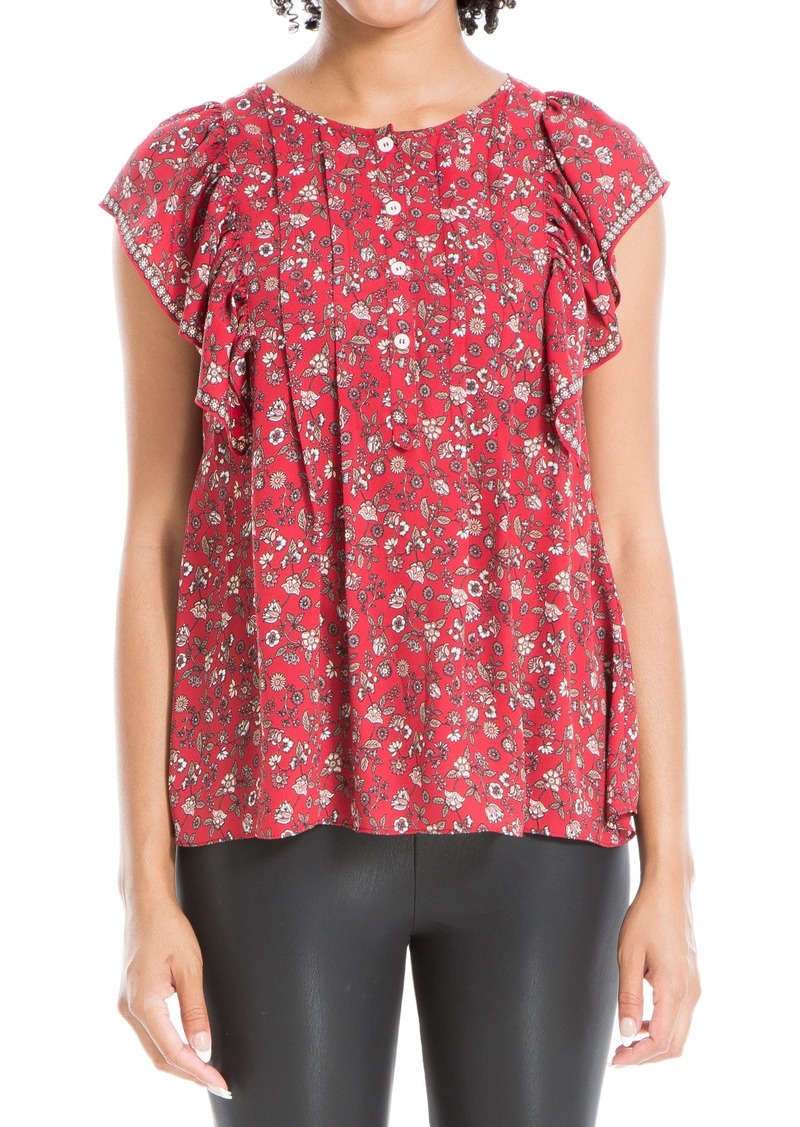 Max Studio Women's Crepe Pintuck Flutter Sleeve Blouse Red  Quilted Line Floral