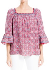 Max Studio Women's Crepe Ruffle Elbow Sleeve Blouse Red/Navy  Chinese Medallion