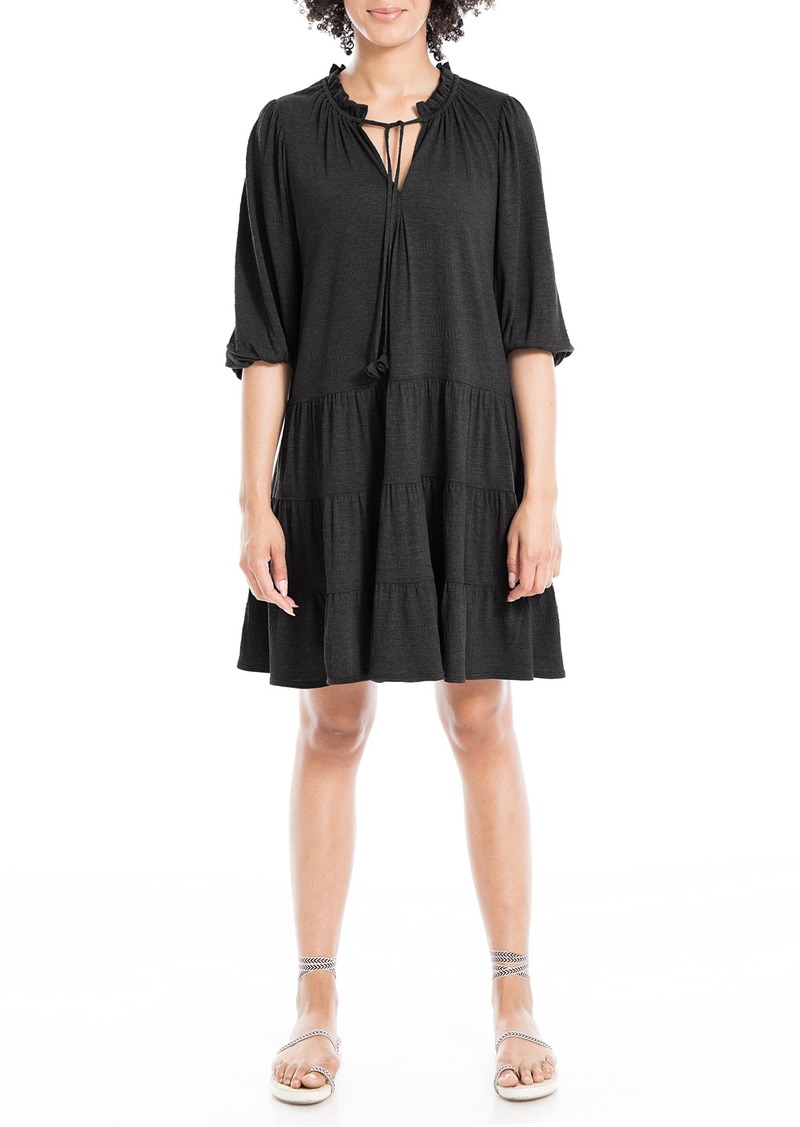 Max Studio Women's Crinkled Jersey 3/4 Sleeve Tiered Short Dress Black-0T73