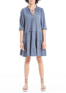 Max Studio Women's Crinkled Jersey 3/4 Sleeve Tiered Short Dress Denim-0T73