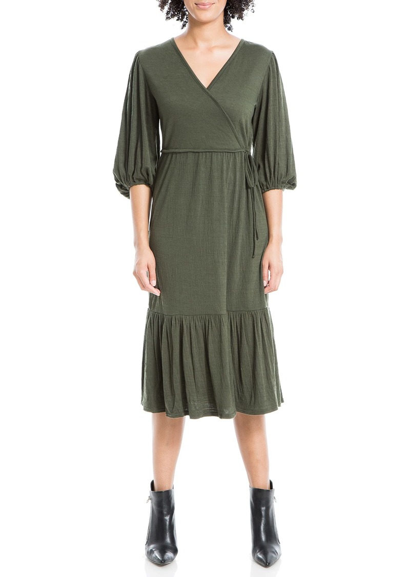 Max Studio womens Crinkled Jersey Elbow Sleeve Faux Wrap Midi Dress   US