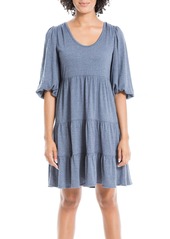 Max Studio Women's Crinkled Jersey Elbow Sleeve Tiered Dress Denim-0T73