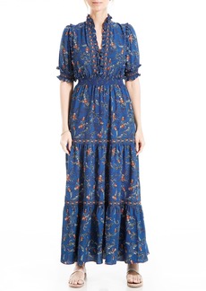 Max Studio Women's Fall 2023 V-Neck Elbow Sleeve Boho Floral Print Tiered Long Maxi Flowy Casual Dress