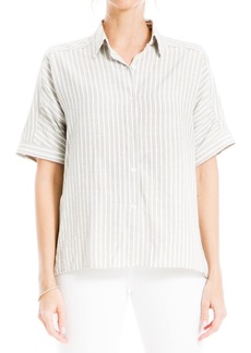 Max Studio Women's Elbow Sleeve Button Front Collared Blouse Taupe Tri-Tip Stripe-Jl-25012