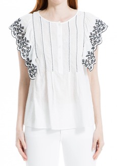 Max Studio Women's Embroidered Stitch Flutter Sleeve Top