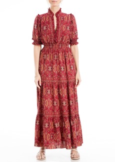 Max Studio Women's Fall 2023 V-Neck Elbow Sleeve Boho Floral Print Tiered Long Maxi Flowy Casual Dress