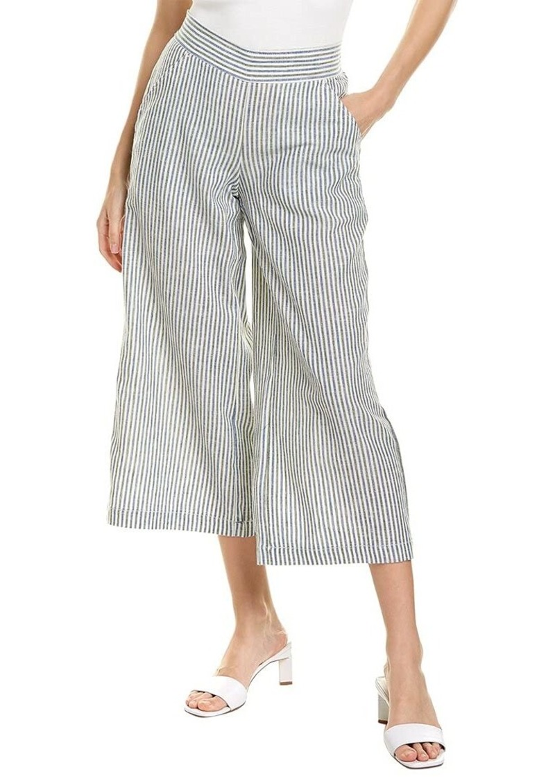 Max Studio Women's Flat Front Linen Blend Cropped Pant Blue/Green Small Stripe