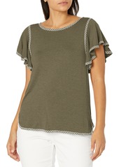 Max Studio Womens Jersey Ruffle SLV top with emb Detail