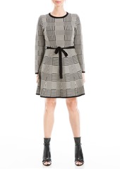 Max Studio Women's Knit Jacquard A-Line Bodycon Swing Style Sweater Dress with Belt