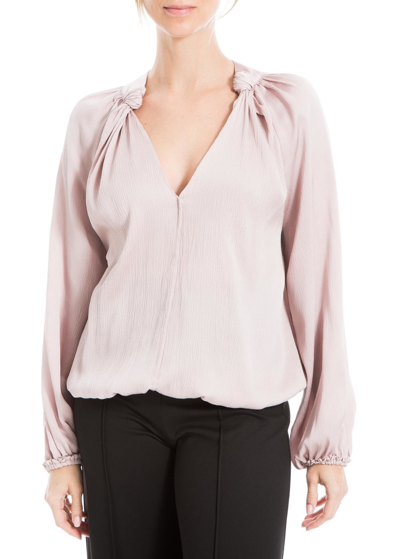 Max Studio Women's Matte Satin Balloon Sleeve V Neck Blouse with Knot Details at Neckline