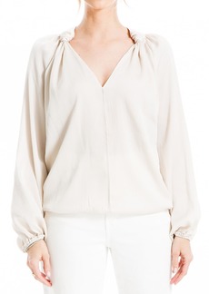 Max Studio Women's Matte Satin Balloon Sleeve V Neck Blouse with Knot Details at Neckline