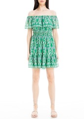 Max Studio Women's Off The Shoulder Smocked Short Dress Green  Feather Frond