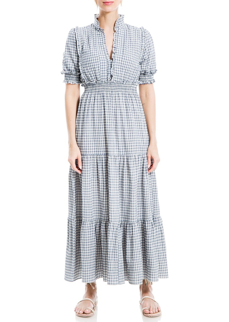 Max Studio Women's Plaid Smocked Tiered Maxi Dress White/Navy-Nt13 Extra Large