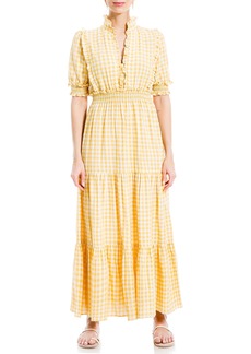 Max Studio Women's Plaid Smocked Tiered Maxi Dress Yellow/White-Nt14
