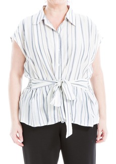 Max Studio Women's Plus Size Button Down Shirt with Waist Tie White/Blue/Yellow-20N11446