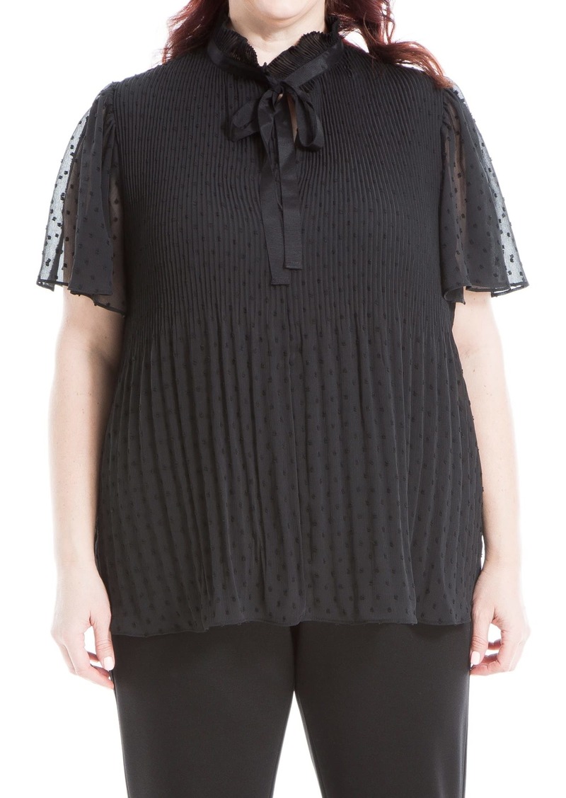 Max Studio Women's Plus Size Clip Dot Tie Neck Short Sleeve Top