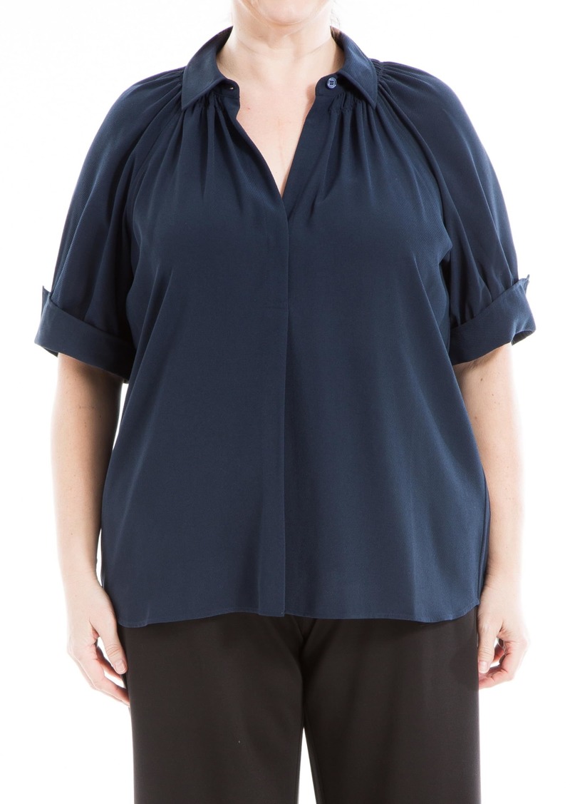 Max Studio Women's Plus Size Cute Tab Short Sleeve Chic Casual Collared V Neck Blouse
