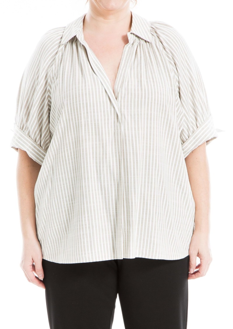 Max Studio Women's Plus Size Spring 2024 Fashion Everyday Tab Sleeve Striped Collared V-Neck Blouse Taupe/Black Framed Stripe-Jl-25010