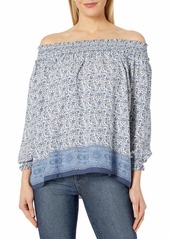 Max Studio Women's Printed Off The Shoulder Blouse Ivory/Blue Daisy Filled Thin BRDR