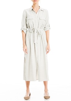 Max Studio Women's Roll Tab Sleeve Button Front Dress with Pockets Olive/Black Framed Stripe-Jl-25010