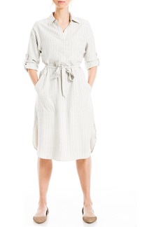 Max Studio Women's Roll Tab Sleeve Dress with Pockets Taupe Tri-Tip Stripe-Jl-25012