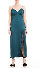 Max Studio Women's Spaghetti Strap Body Con Satin Dress Detailed Bodice and Ruffled Front Slit