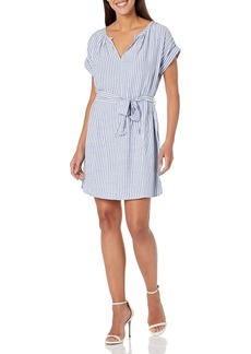 Max Studio Women's Sleeve Button Drop Short Dress with Tie Waist Denim/Black Framed Stripe-Jl-25010