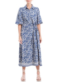 Max Studio Women's Spring 2023 Chic Fashion Casual Printed Puff Sleeve Midi Everyday Shirt Dress Blue Small Daisy Mixed PNL