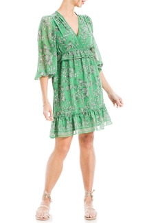 Max Studio Women's Spring 2023 Everyday Fashion Printed Georgette Long Sleeve V-Neck Chic Short Dress