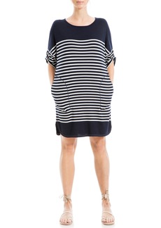 Max Studio Women's Spring 2023 Fashion Casual Ruched Sleeve Striped Everyday Short Dress with Pockets Navy/Cream-Jxh-2013002