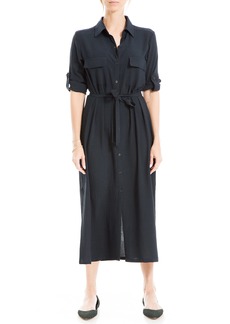 Max Studio Women's Tab Sleeve Button Front Dress with Pockets Dark Navy-Ww-25118