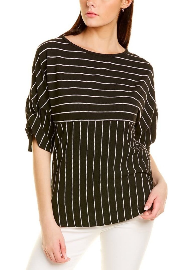 Max Studio Women's Texture Knit Ruched Sleeve Top Black/White-21Se01h0937