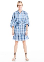 Max Studio Women's Yarn Dye 3/4" Bubble Sleeve Button Front Tier Short Dress
