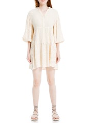 Max Studio Women's Yarn Dye 3/4 Sleeve Button Placket Tiered Short Dress Wheat/Ivory-Mk8