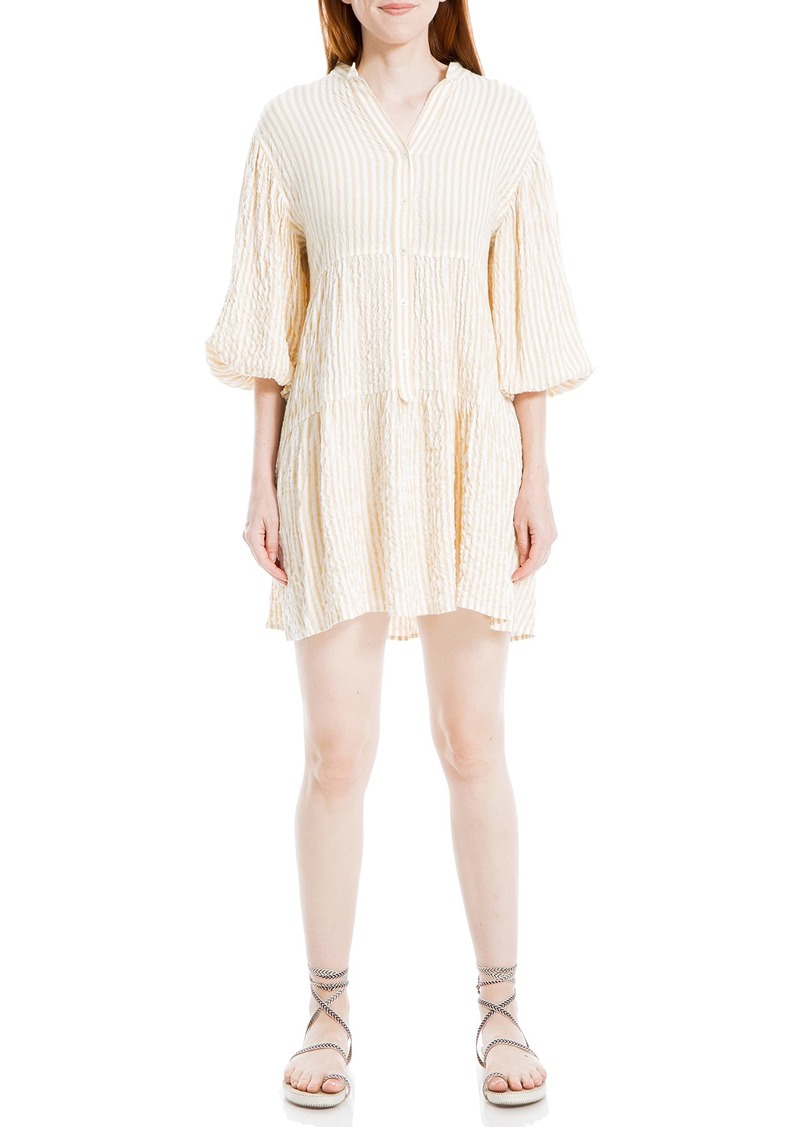 Max Studio Women's Yarn Dye 3/4 Sleeve Button Placket Tiered Short Dress Wheat/Ivory-Mk8