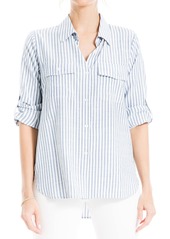Max Studio Women's Yarn Dye Button Front Shirt Denim Tipping Stripe-Jl-25011