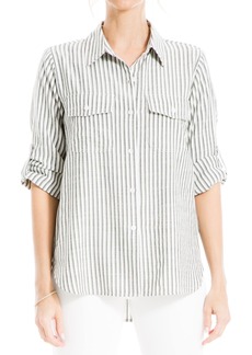 Max Studio Women's Yarn Dye Button Front Shirt Taupe Tri-Tip Stripe-Jl-25012