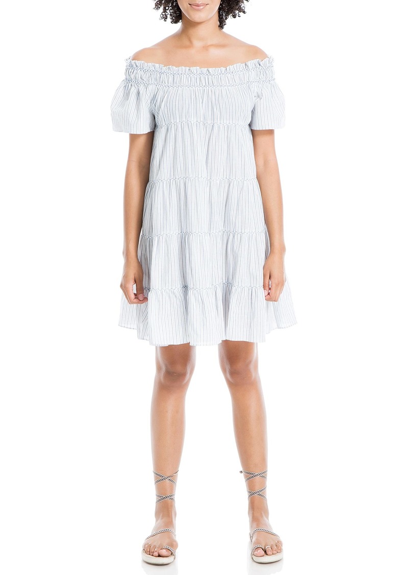 Max Studio Women's Yarn Dye Sleeve Smocked Neck Tiered Short Dress  Extra Large