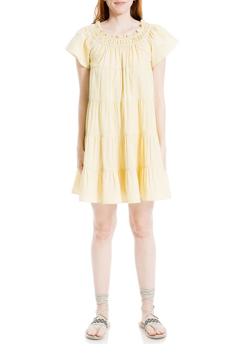 Max Studio Women's Yarn Dye Sleeve Smocked Neck Tiered Short Dress