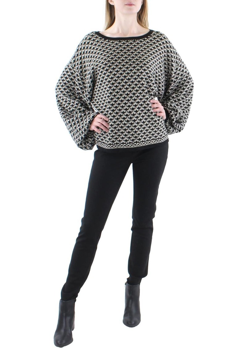 Max Studio Womens Geometric Pattern Balloon Sleeves Pullover Sweater