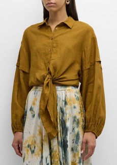 Mes Demoiselles Cerea Tie-Front Button-Down Linen Shirt