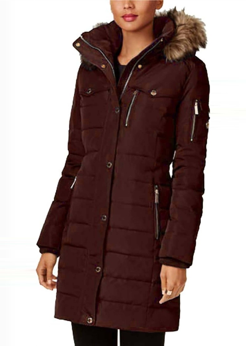 Michael Kors 3/4 Down Puffer Faux Fur Hooded Coat In Chocolate Brown